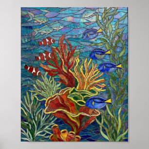 Affiche Vibrant récif corallien et mosaïque de poissons tr