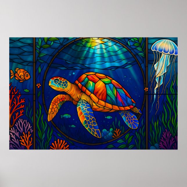 Affiche Vibrant Stained Glass Sea Turtle Ocean Design (Devant)