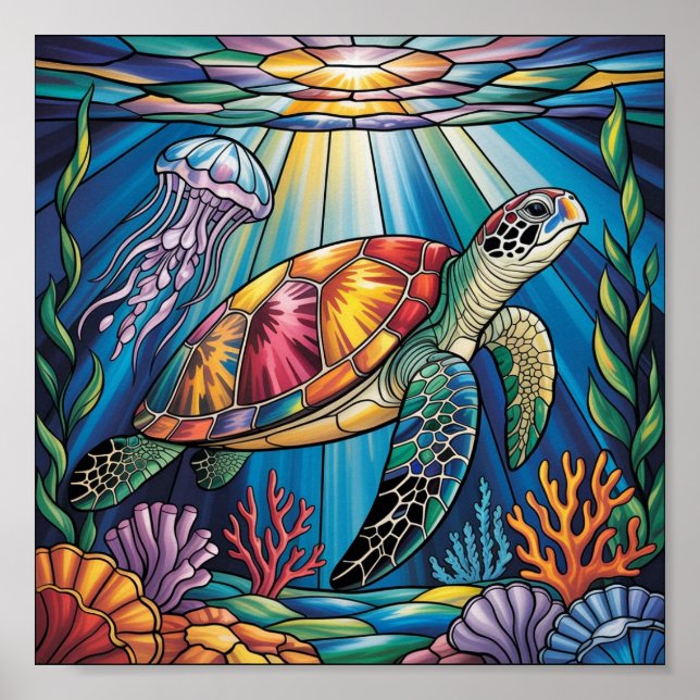 Affiche Vibrant Stained Glass Sea Turtle Ocean Design (Devant)