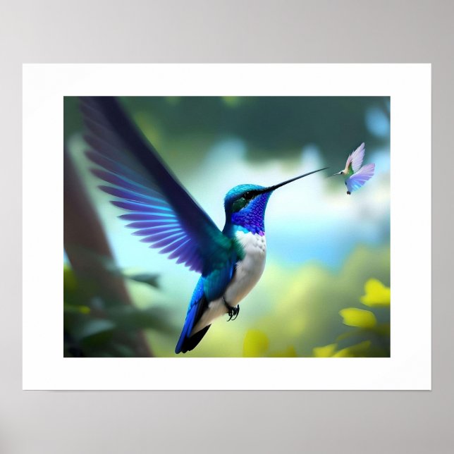 Affiche vibrante de colibri en vol bleu et blanc (Devant)