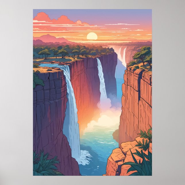 Affiche Victoria Falls Coucher de Soleil Voyage Art (Devant)