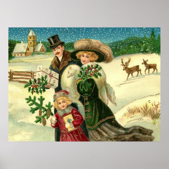 Affiche Victorian Famy in the snow Christmas scene (Devant)
