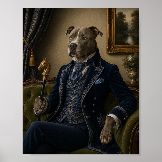 Affiche Victorian Pit Bull Gentleman Portrait Print, Blue  (Devant)