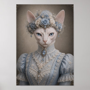 Affiche Victorian Sphynx Cat Lady Print, Blue Floral Crown