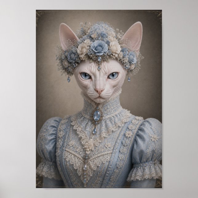 Affiche Victorian Sphynx Cat Lady Print, Blue Floral Crown (Devant)
