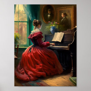 Affiche Victorian woman playing the piano, oil painting