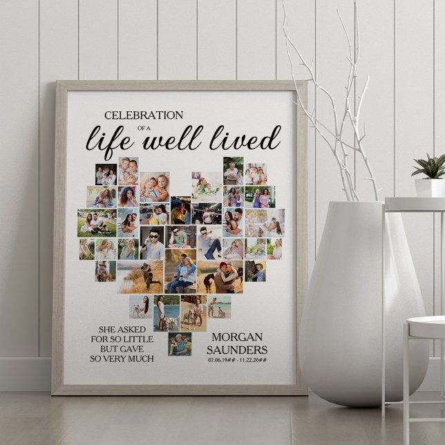 Affiche Vie Bien Vécu Coeur Formé Photo Collage Funéraille (Life well lived photo collage memorial poster - order professionally printed or as digital download)