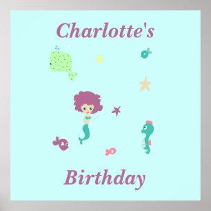 Affiche Vie marine mignonne nom de poissons sirène sur ble