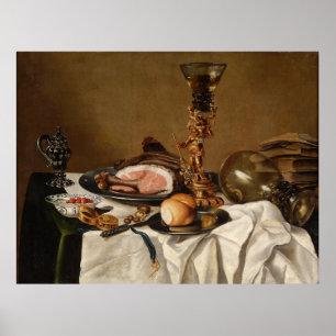 Affiche Vie morte avec jambon, livres et vaisseaux ornemen