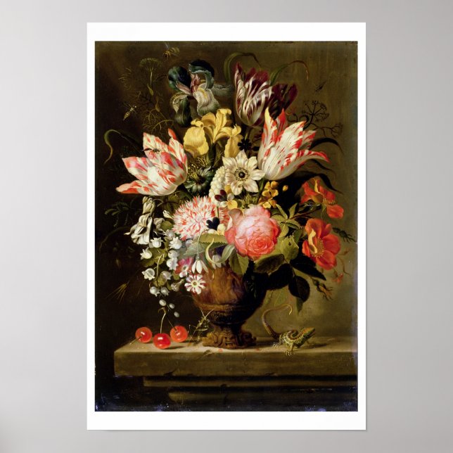 Affiche Vie morte des fleurs dans un vase avec un lézard s (Devant)