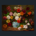 Affiche Vie morte | Eugène Delacroix<br><div class="desc">Still Life with Dahlias, Zinnias, Hollyhocks and Plums (vers 1835) d’Eugène Delacroix (Français, 1798-1863) est une composition richement colorée et dynamique qui reflète le style expressif du maître romantique et la fascination pour la beauté naturelle. Le bouquet, qui déborde de dahlias, de zinnias et de hollyhocks, contraste avec les violets...</div>