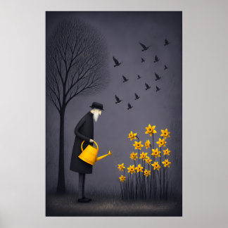 Affiche Vieil Homme Arrosant l'Espoir Sous des Oiseaux Sil