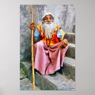 Affiche Vieil homme indien avec bâton