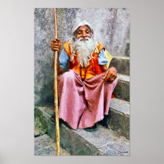 Affiche Vieil homme indien avec bâton
