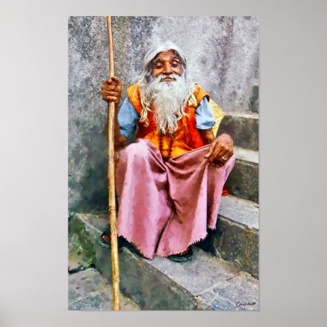 Affiche Vieil homme indien avec bâton (Devant)