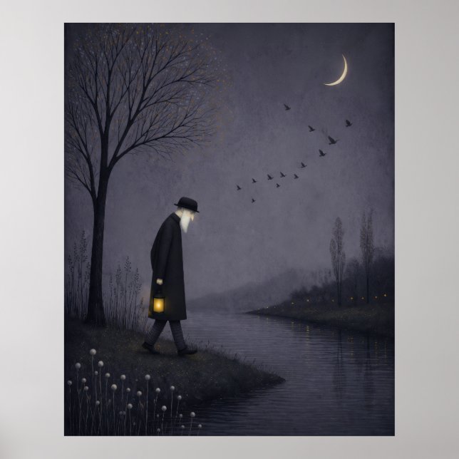 Affiche Vieil Homme Marchant le Long d'une Rivière Silenci (Devant)