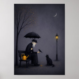 Affiche Vieil Homme Nourrissant un Oiseau sous une Pluie T