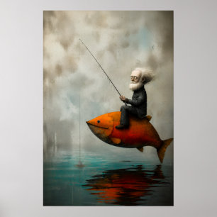 Affiche Vieil Homme Pêchant sur un Poisson Cramoisi Flotta