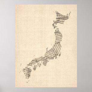 Affiche Vieille carte de musique de feuille du Japon