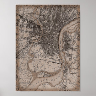 Affiche Vieille carte vintage de Philadelphie 1898