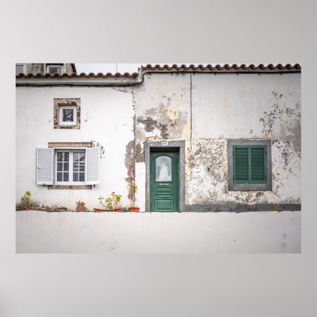 Affiche Vieille façade européenne avec porte verte (Devant)