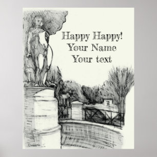 Affiche Vieille fontaine dans le parc avec garçon sculpté