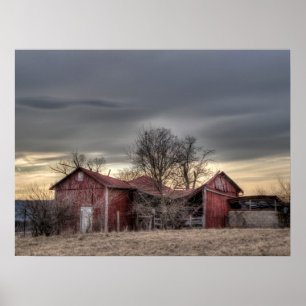 Affiche Vieille grange rouge arbres d'hiver Photographie H