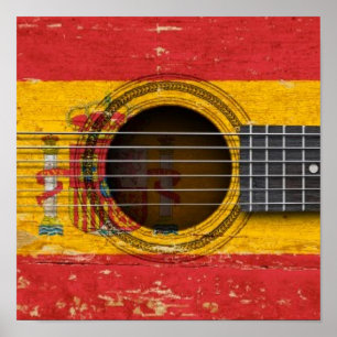 Affiche Vieille guitare acoustique avec le drapeau