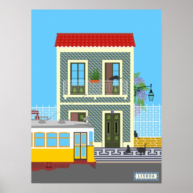 Affiche Vieille maison de Lisbonne avec chats et tramway j (Devant)