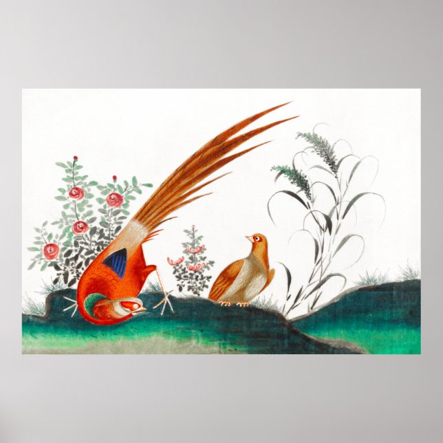 Affiche Vieille peinture chinoise de deux oiseaux parmi le (Devant)