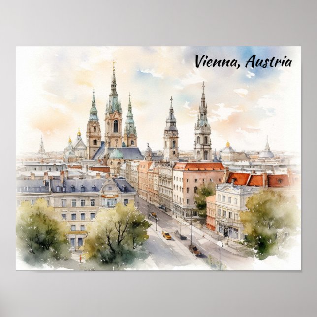 Affiche Vienna Austria Panorama View Watercolor Painting (Devant)