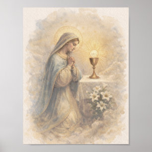 Affiche Vierge Marie bénie vintage adorant l'Eucharistie
