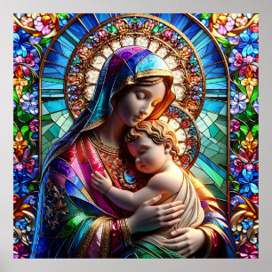 Affiche Vierge Marie et Bébé Jésus Vitrail