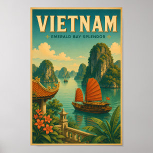 Affiche Vietnam baie d'Halong Illustration Voyage Art Rétr