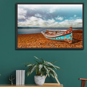 Affiche Vieux Aiola. Bateau traditionnel portugais sur une