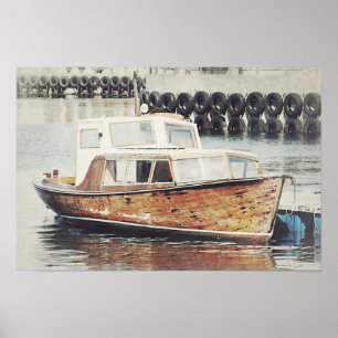 Affiche Vieux bateau en bois dans un port Rustique nautiqu