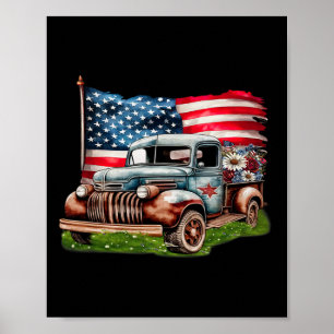 Affiche Vieux Camion Pickup Drapeau américain 4 juillet Pa