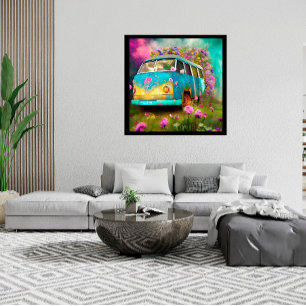 Affiche Vieux fourgon Combi avec fleurs