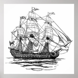 Affiche Vieux galion pirate, esquisse d'un navire de 74 ca