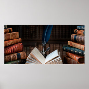 Affiche Vieux livres, stylo à talons et encre vintage sur