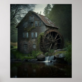 Affiche Vieux moulin à roue à eau avec une grande beauté h
