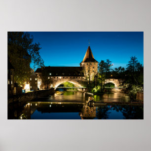Affiche Vieux pont médiéval la nuit à Nuremberg