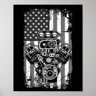Affiche Vieux Véhicule Musclé Piston Drapeau Américain Drô