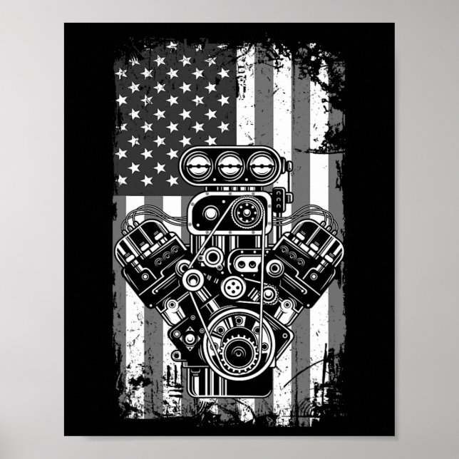 Affiche Vieux Véhicule Musclé Piston Drapeau Américain Drô (Devant)