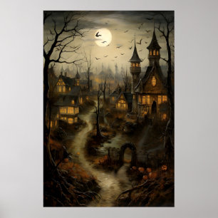 Affiche Vieux Village avec citrouilles, campagne d'Hallowe