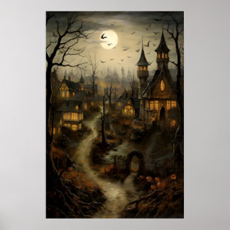 Affiche Vieux Village avec citrouilles, campagne d'Hallowe