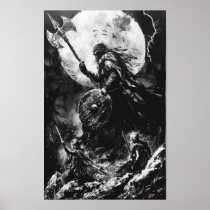Affiche Viking Fury Illustration acrylique noir et blanc P
