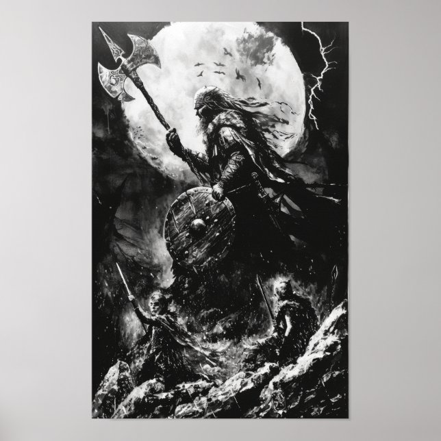 Affiche Viking Fury Illustration acrylique noir et blanc P (Devant)