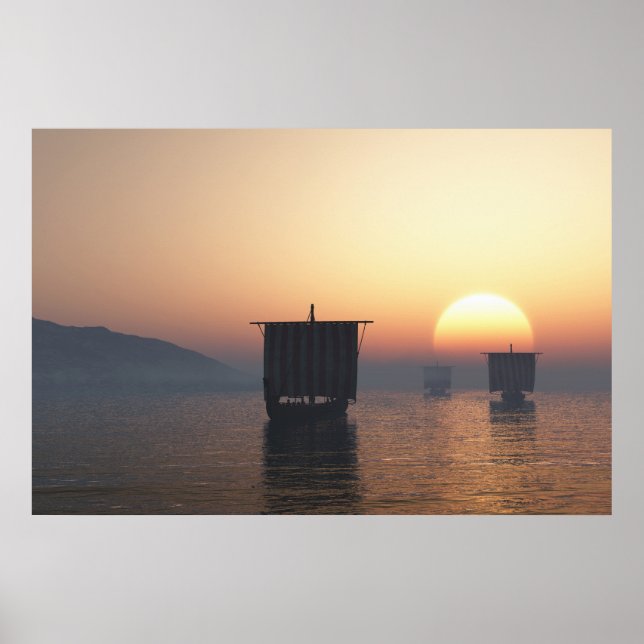 Affiche Viking Longships au coucher du soleil (Devant)