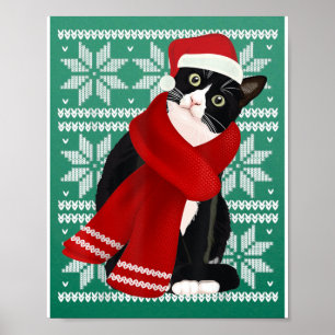 Affiche Vilaine Noël Chat noir Santa Hat Scarf Fête